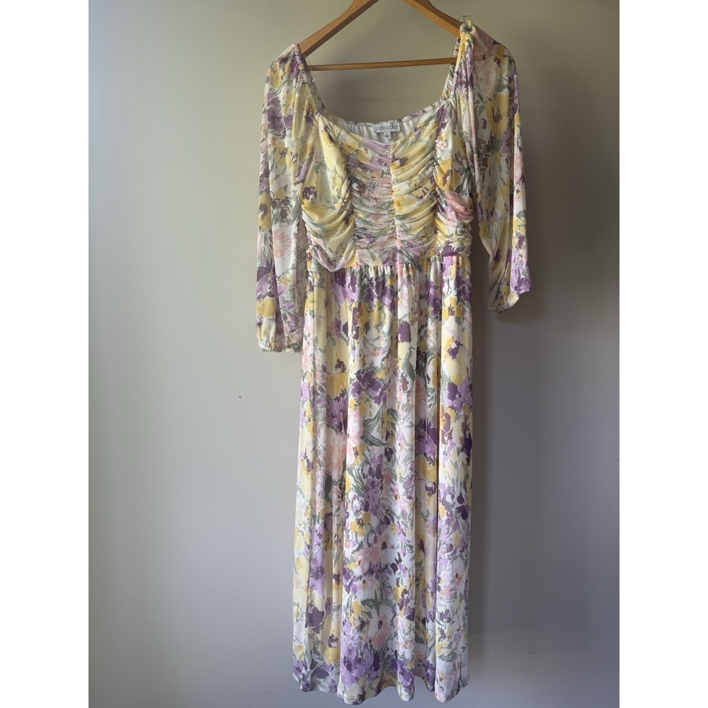 Luxology Pastel Floral Maxi Dress L Mesh Cottagecore Romantic Ruched Boho